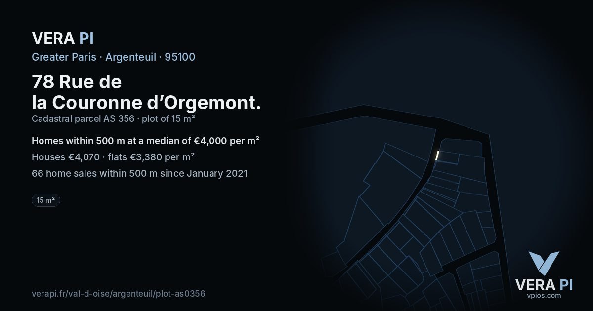 78 Rue de la Couronne d’Orgemont, Argenteuil at night – the plot lit, the parcels around coloured by the prices near them