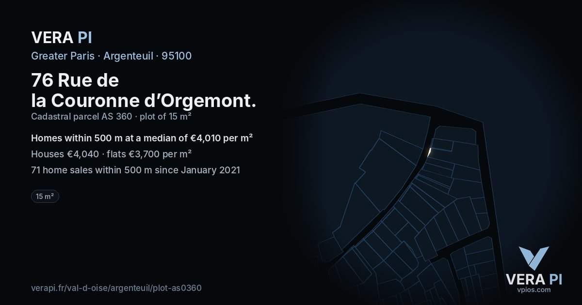76 Rue de la Couronne d’Orgemont, Argenteuil at night – the plot lit, the parcels around coloured by the prices near them