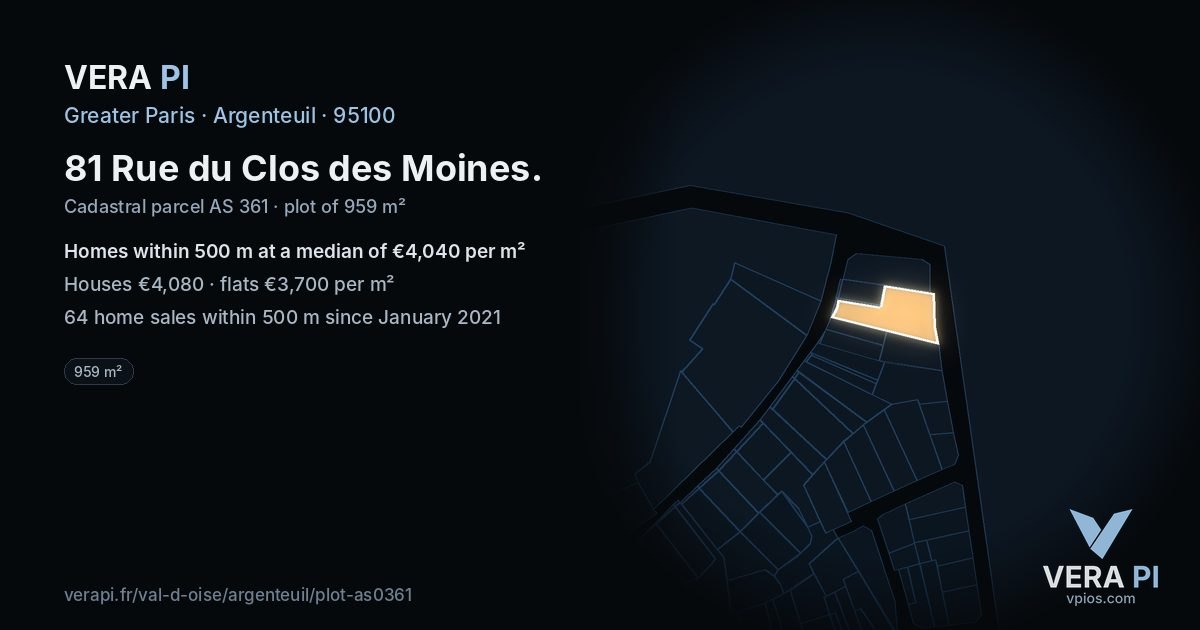 81 Rue du Clos des Moines, Argenteuil at night – the plot lit, the parcels around coloured by the prices near them