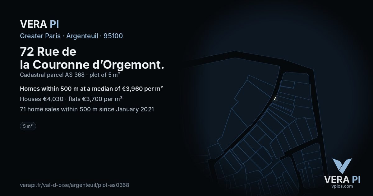 72 Rue de la Couronne d’Orgemont, Argenteuil at night – the plot lit, the parcels around coloured by the prices near them
