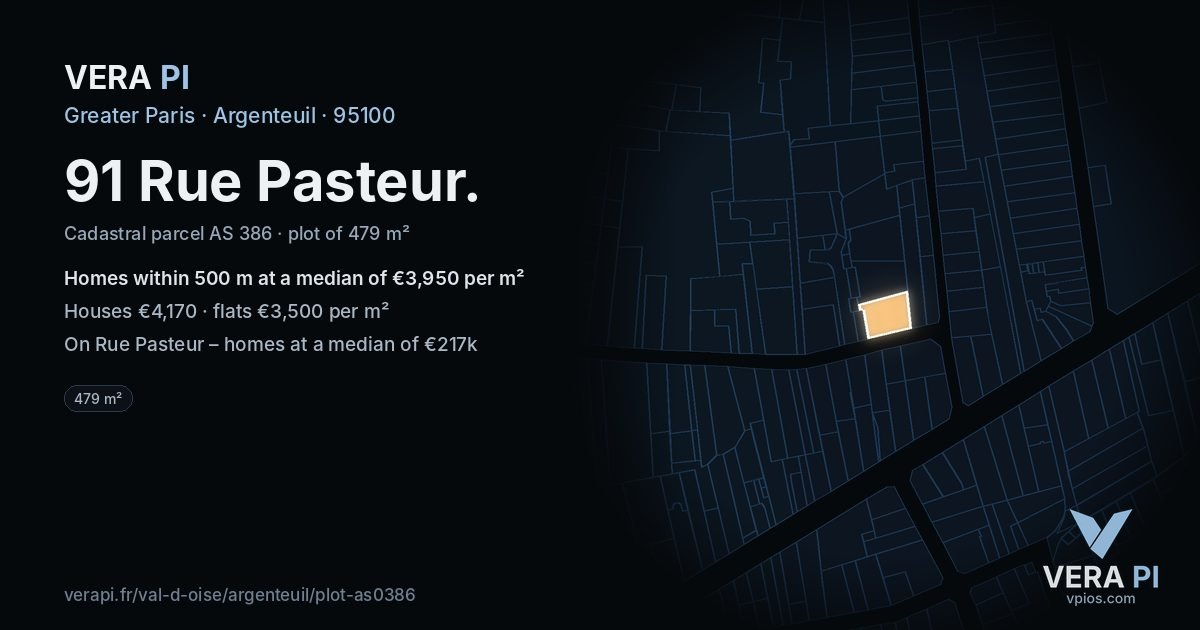 91 Rue Pasteur, Argenteuil at night – the plot lit, the parcels around coloured by the prices near them
