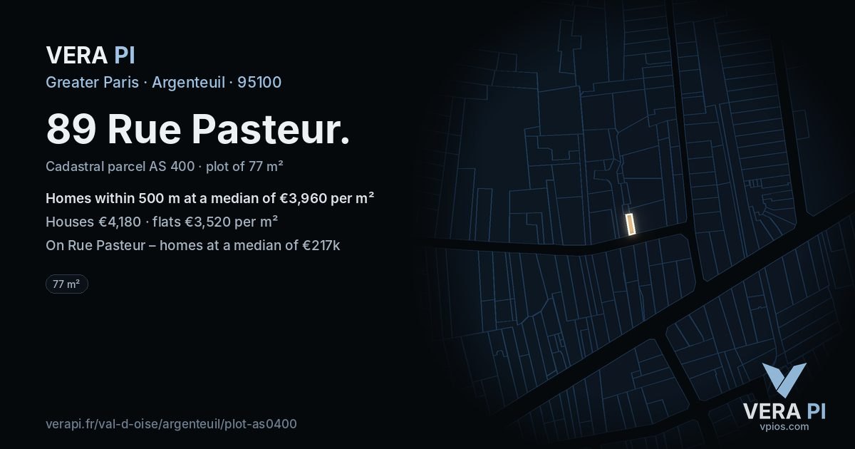 89 Rue Pasteur, Argenteuil at night – the plot lit, the parcels around coloured by the prices near them