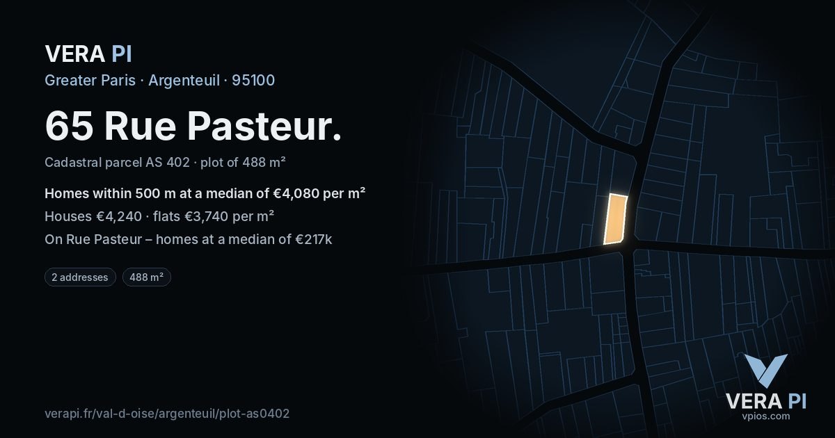 65 Rue Pasteur, Argenteuil at night – the plot lit, the parcels around coloured by the prices near them