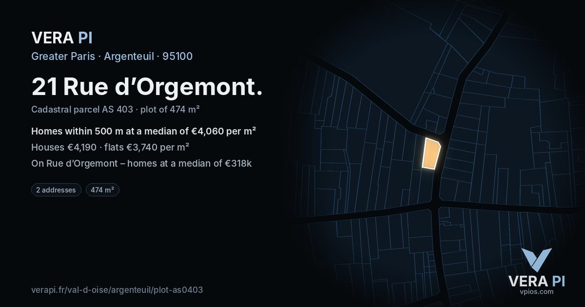 21 Rue d’Orgemont, Argenteuil at night – the plot lit, the parcels around coloured by the prices near them