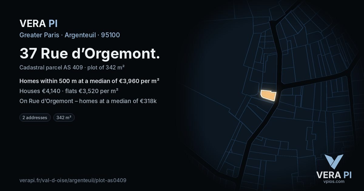 37 Rue d’Orgemont, Argenteuil at night – the plot lit, the parcels around coloured by the prices near them