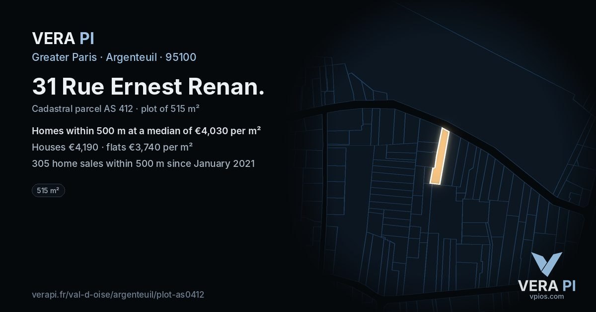 31 Rue Ernest Renan, Argenteuil at night – the plot lit, the parcels around coloured by the prices near them