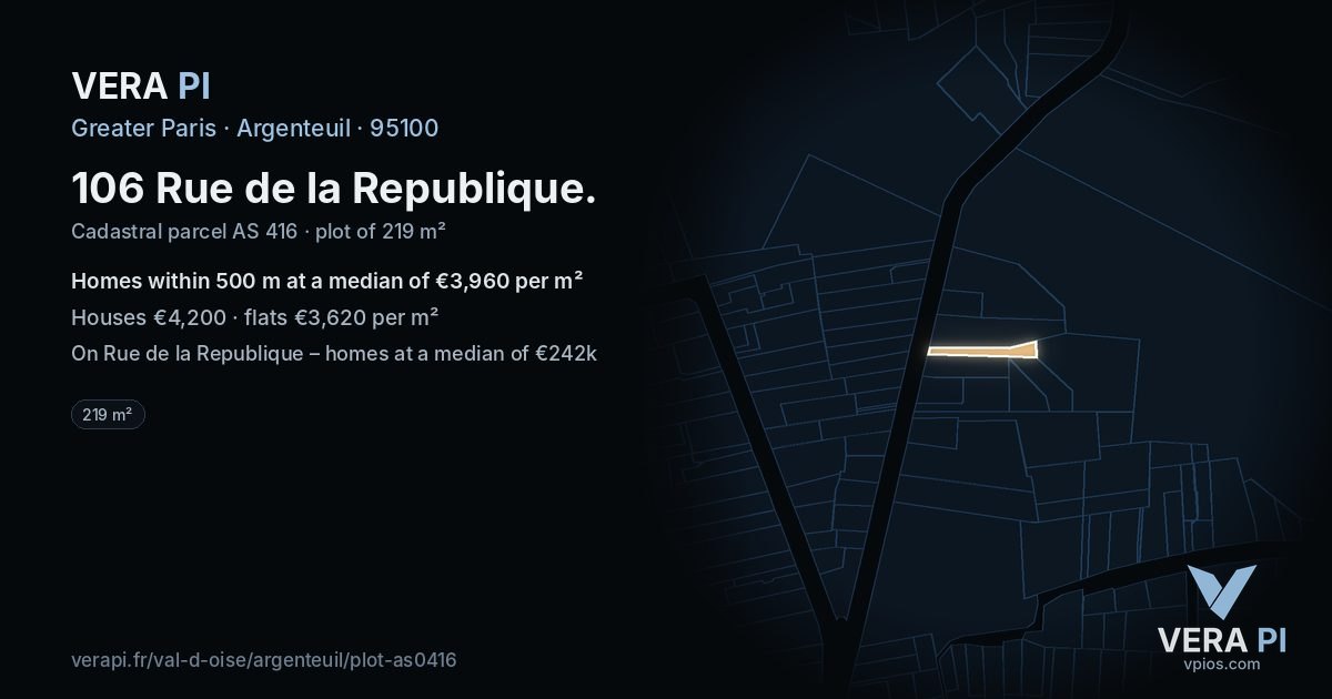 106 Rue de la Republique, Argenteuil at night – the plot lit, the parcels around coloured by the prices near them