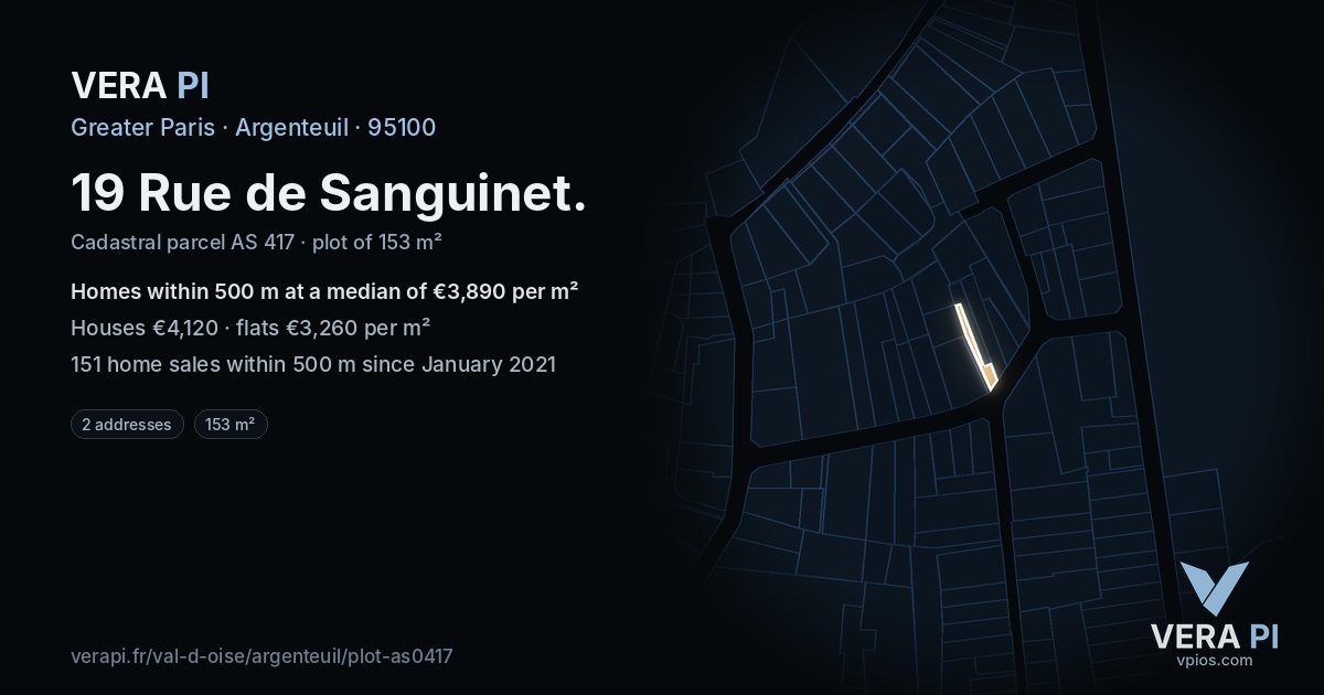 19 Rue de Sanguinet, Argenteuil at night – the plot lit, the parcels around coloured by the prices near them
