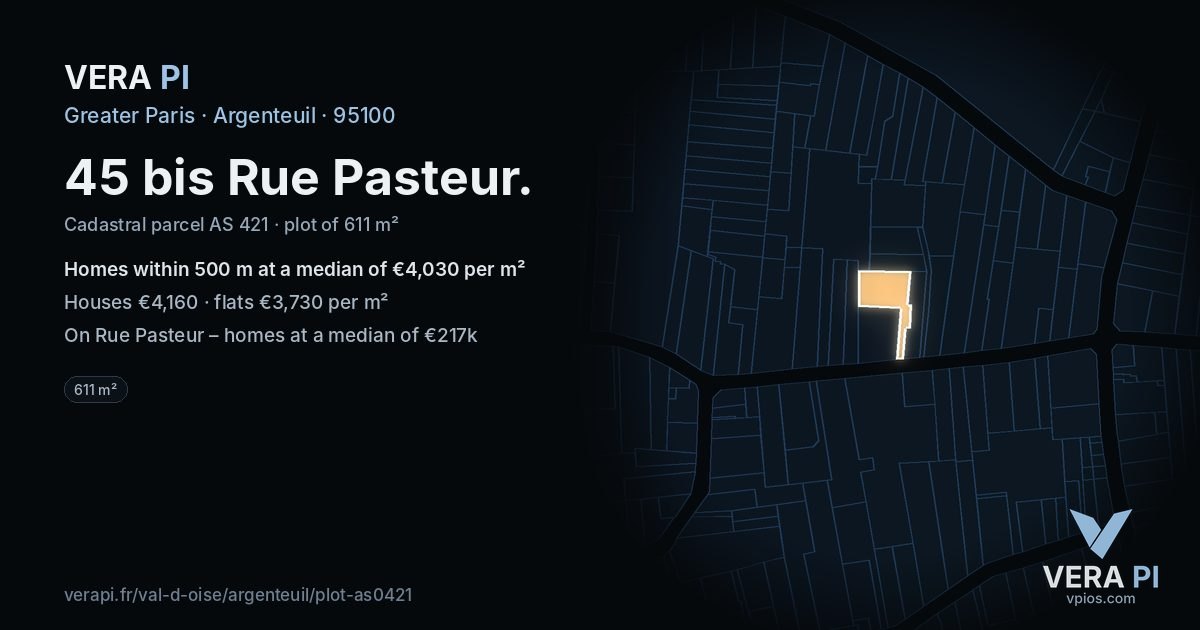 45 bis Rue Pasteur, Argenteuil at night – the plot lit, the parcels around coloured by the prices near them