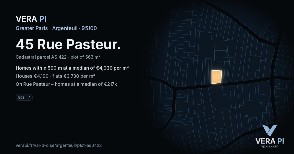 45 Rue Pasteur, Argenteuil at night – the plot lit, the parcels around coloured by the prices near them