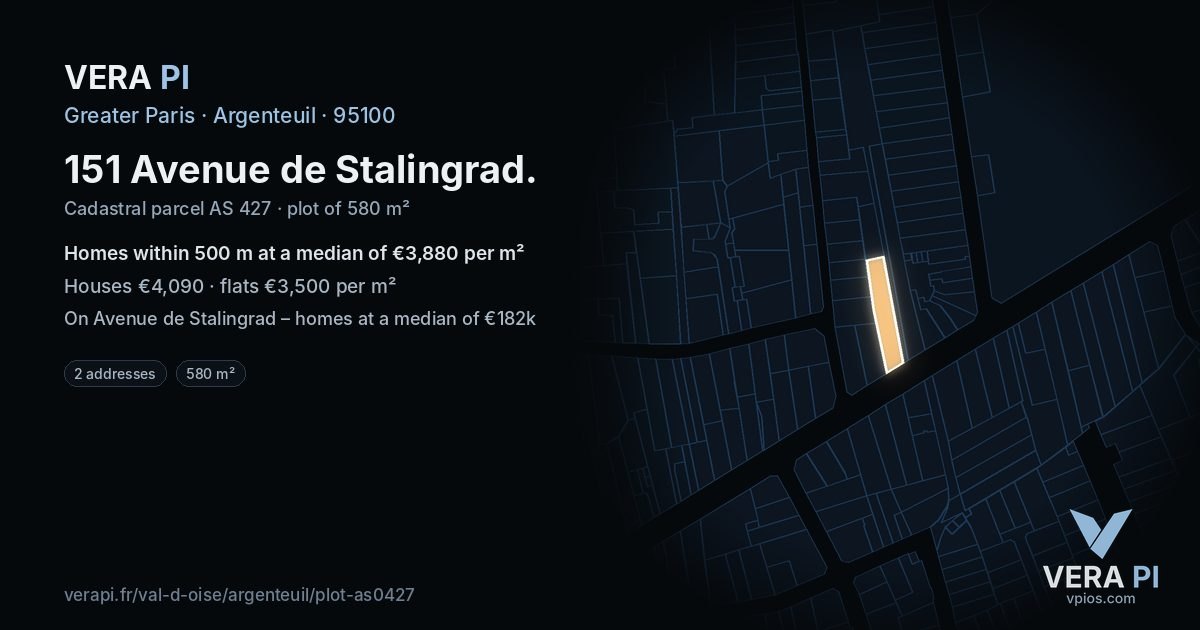 151 Avenue de Stalingrad, Argenteuil at night – the plot lit, the parcels around coloured by the prices near them