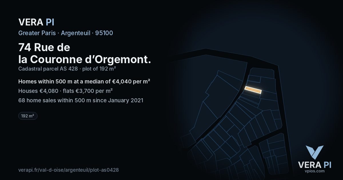 74 Rue de la Couronne d’Orgemont, Argenteuil at night – the plot lit, the parcels around coloured by the prices near them