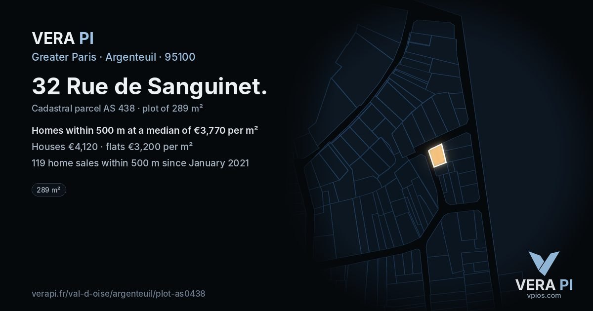 32 Rue de Sanguinet, Argenteuil at night – the plot lit, the parcels around coloured by the prices near them