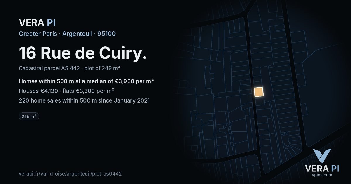 16 Rue de Cuiry, Argenteuil at night – the plot lit, the parcels around coloured by the prices near them