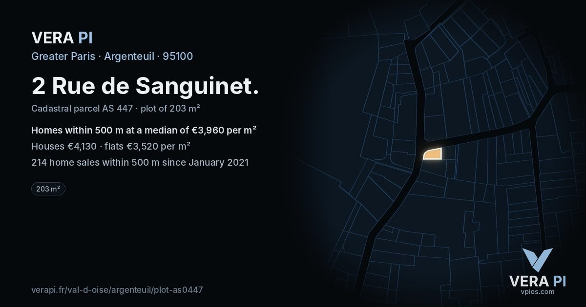 2 Rue de Sanguinet, Argenteuil at night – the plot lit, the parcels around coloured by the prices near them