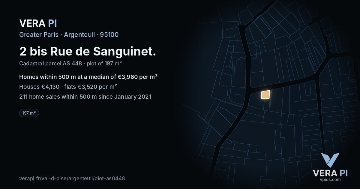 2 bis Rue de Sanguinet, Argenteuil at night – the plot lit, the parcels around coloured by the prices near them