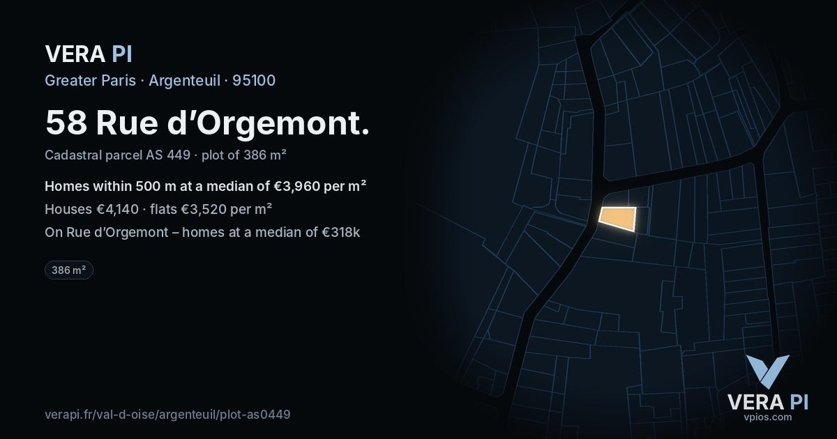 58 Rue d’Orgemont, Argenteuil at night – the plot lit, the parcels around coloured by the prices near them
