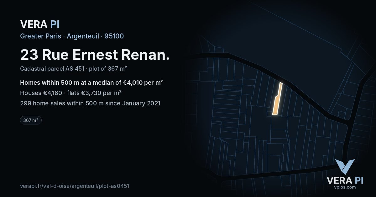 23 Rue Ernest Renan, Argenteuil at night – the plot lit, the parcels around coloured by the prices near them