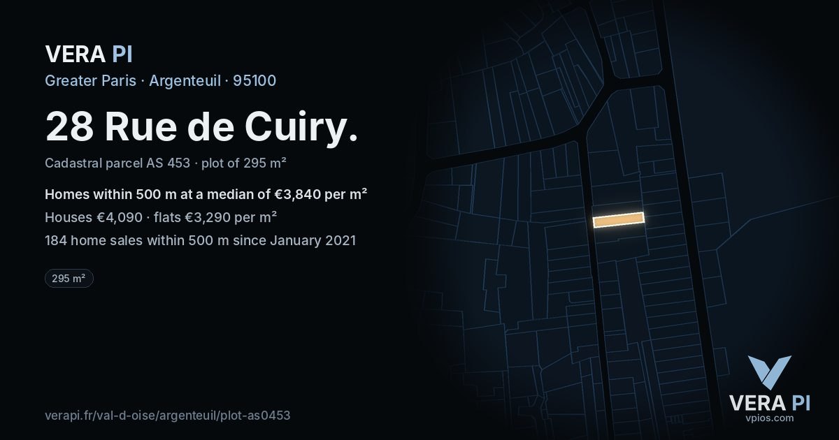 28 Rue de Cuiry, Argenteuil at night – the plot lit, the parcels around coloured by the prices near them