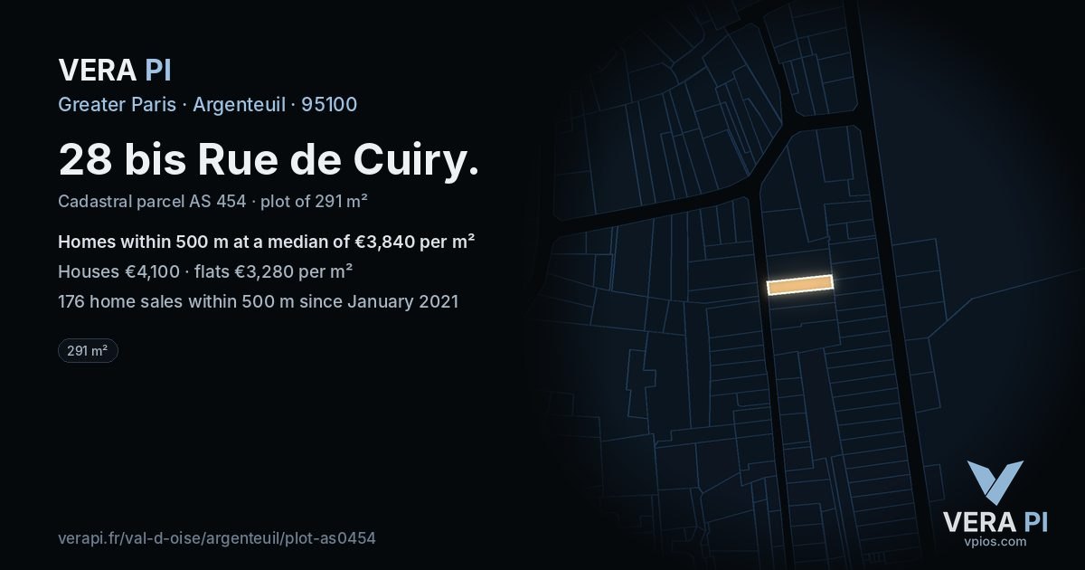 28 bis Rue de Cuiry, Argenteuil at night – the plot lit, the parcels around coloured by the prices near them