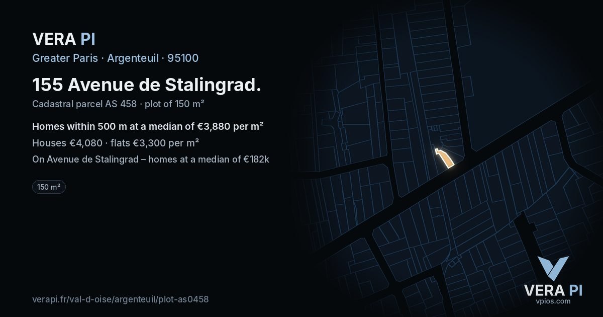 155 Avenue de Stalingrad, Argenteuil at night – the plot lit, the parcels around coloured by the prices near them