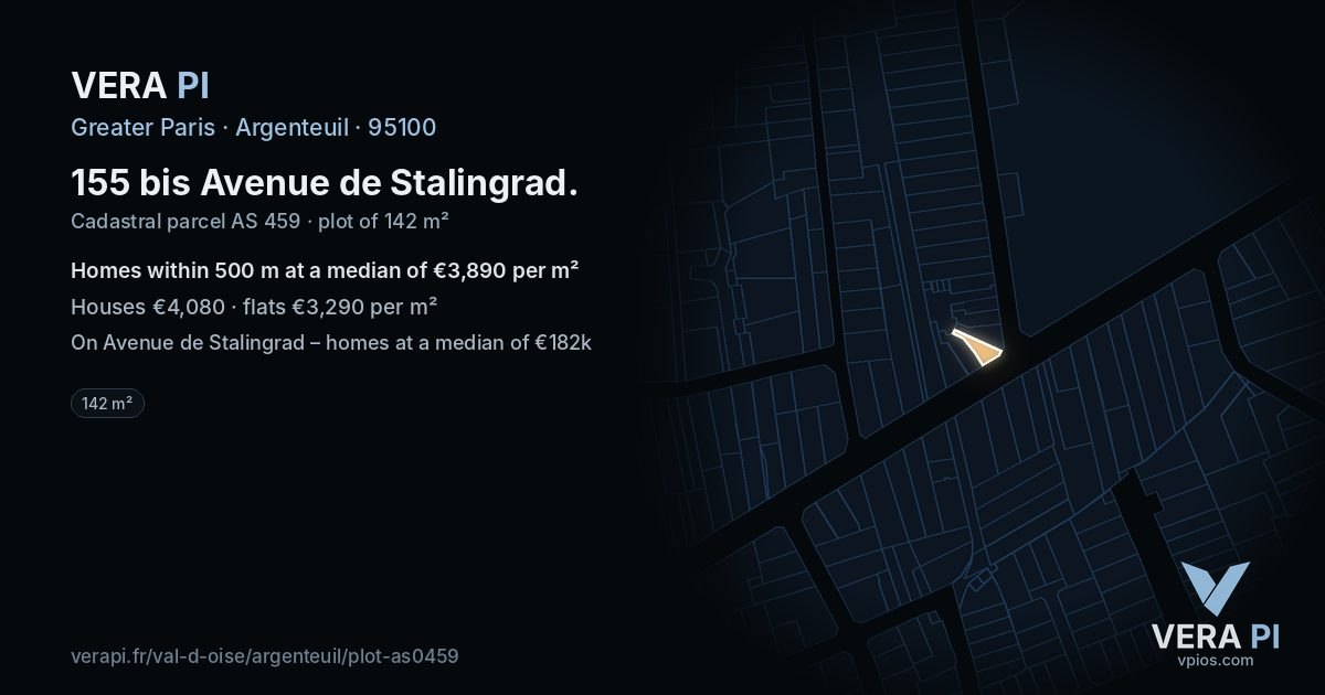 155 bis Avenue de Stalingrad, Argenteuil at night – the plot lit, the parcels around coloured by the prices near them