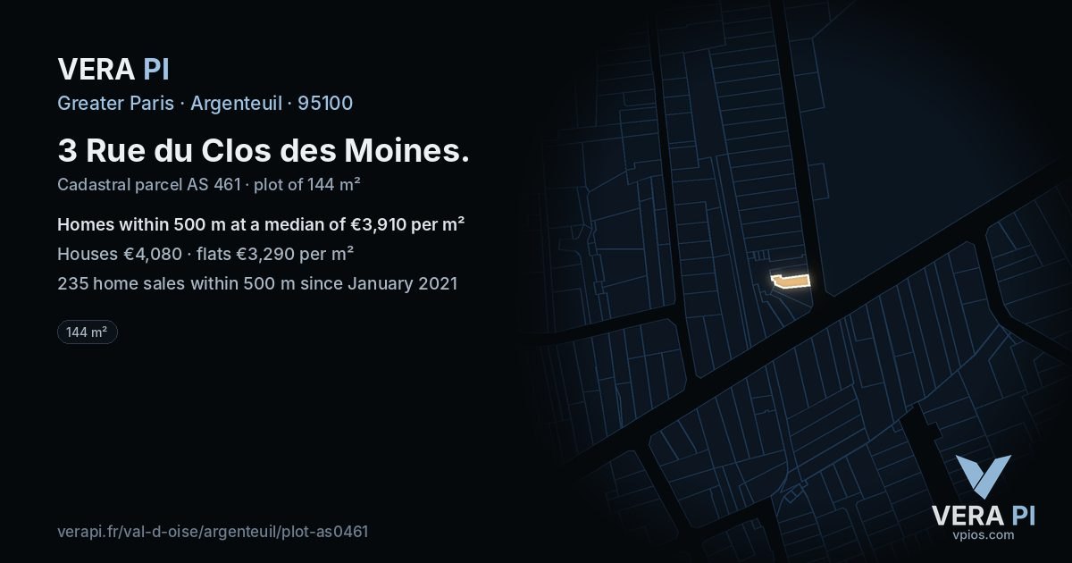 3 Rue du Clos des Moines, Argenteuil at night – the plot lit, the parcels around coloured by the prices near them