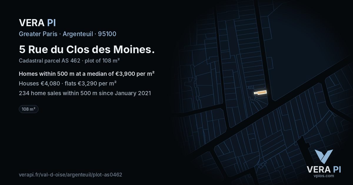 5 Rue du Clos des Moines, Argenteuil at night – the plot lit, the parcels around coloured by the prices near them