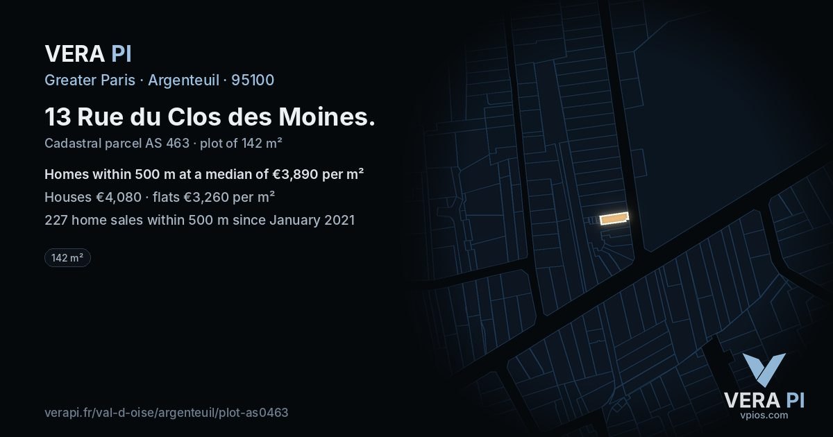 13 Rue du Clos des Moines, Argenteuil at night – the plot lit, the parcels around coloured by the prices near them