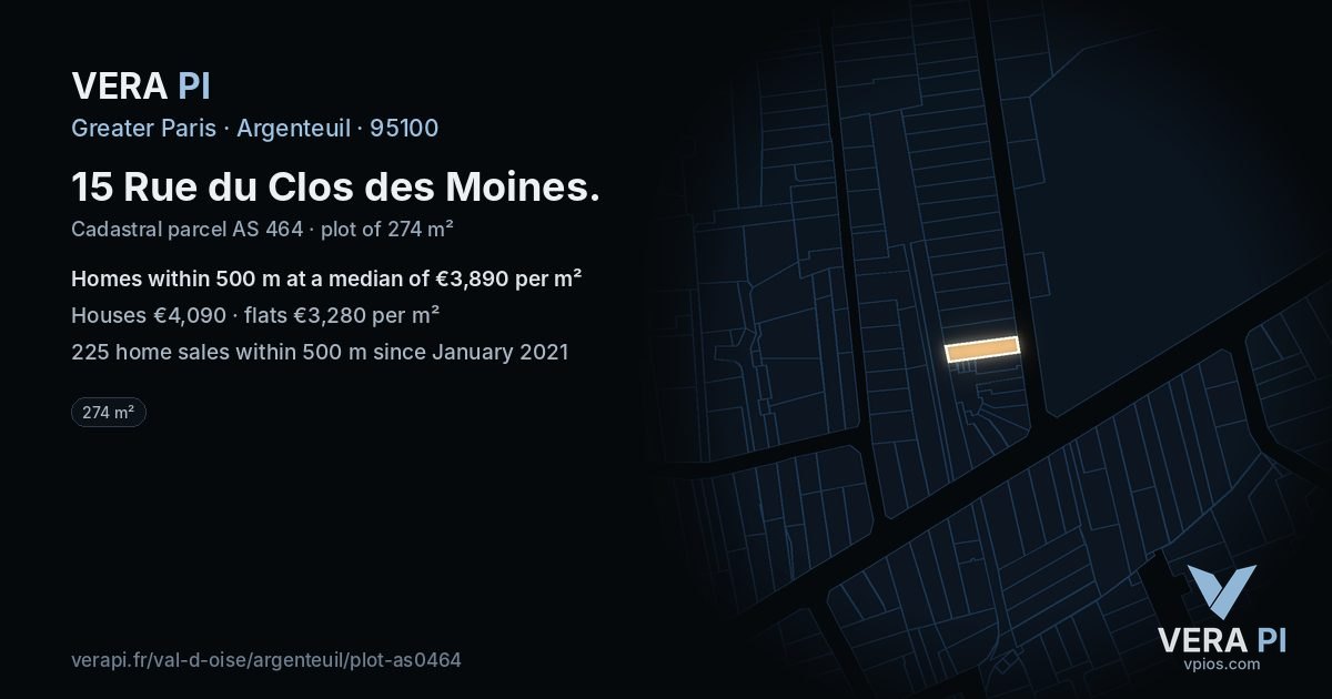 15 Rue du Clos des Moines, Argenteuil at night – the plot lit, the parcels around coloured by the prices near them