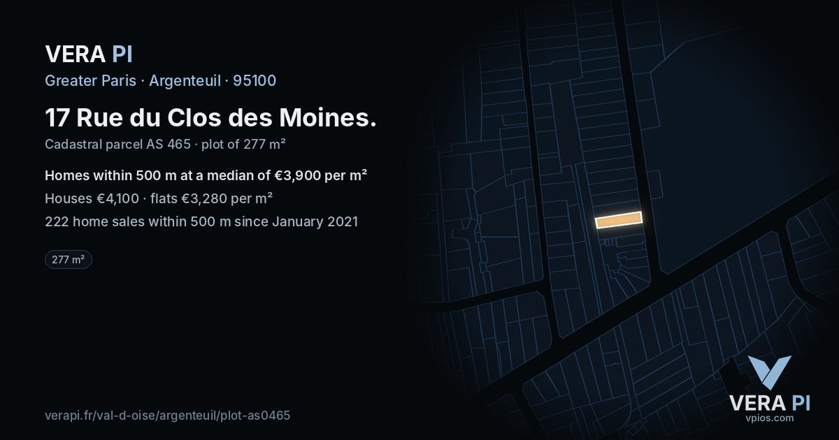 17 Rue du Clos des Moines, Argenteuil at night – the plot lit, the parcels around coloured by the prices near them