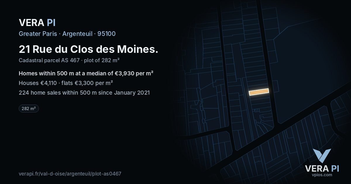 21 Rue du Clos des Moines, Argenteuil at night – the plot lit, the parcels around coloured by the prices near them