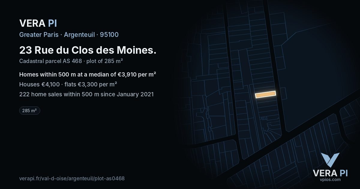 23 Rue du Clos des Moines, Argenteuil at night – the plot lit, the parcels around coloured by the prices near them