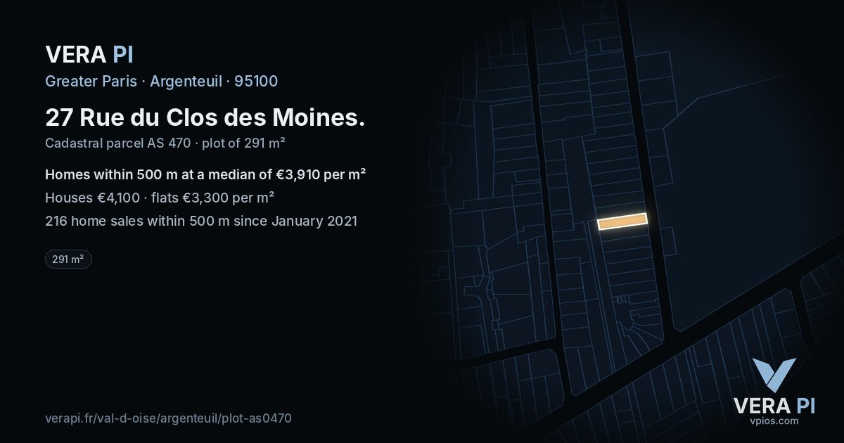 27 Rue du Clos des Moines, Argenteuil at night – the plot lit, the parcels around coloured by the prices near them