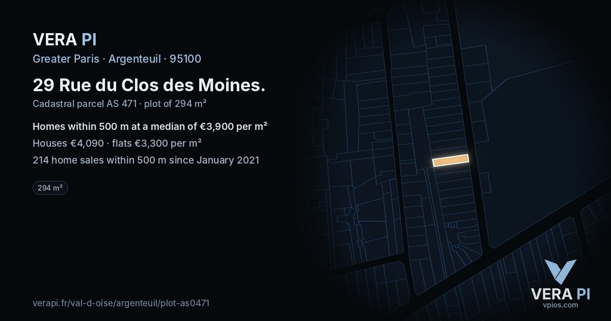 29 Rue du Clos des Moines, Argenteuil at night – the plot lit, the parcels around coloured by the prices near them