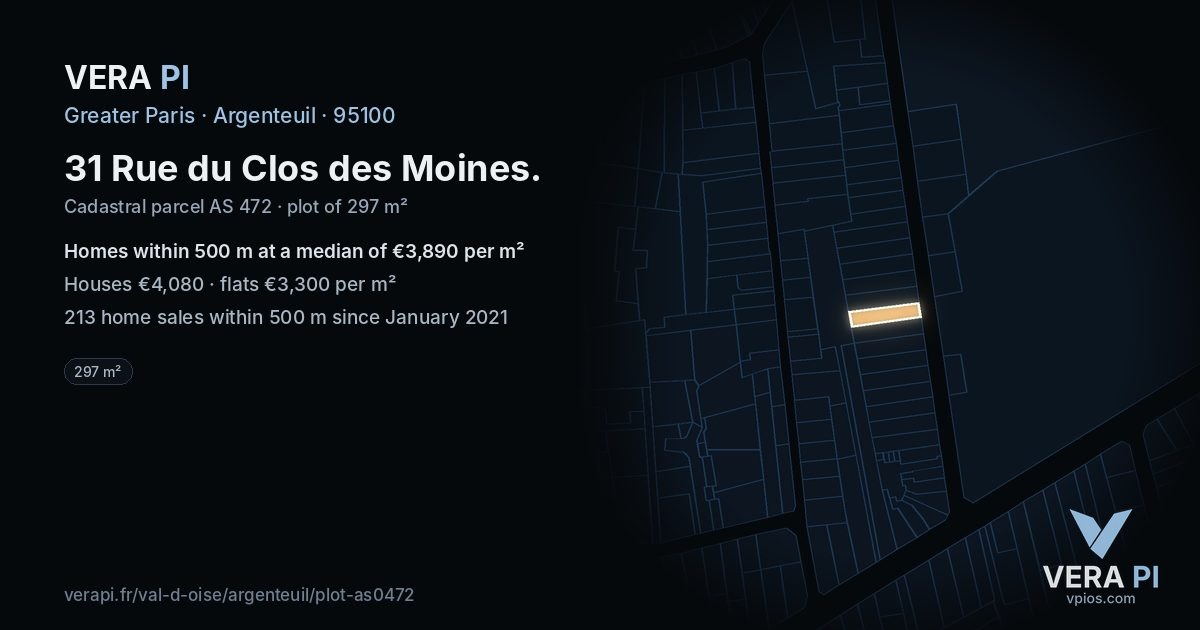 31 Rue du Clos des Moines, Argenteuil at night – the plot lit, the parcels around coloured by the prices near them