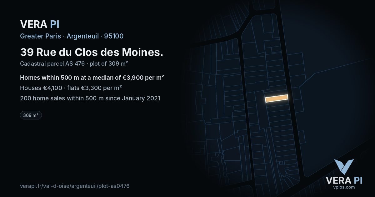 39 Rue du Clos des Moines, Argenteuil at night – the plot lit, the parcels around coloured by the prices near them