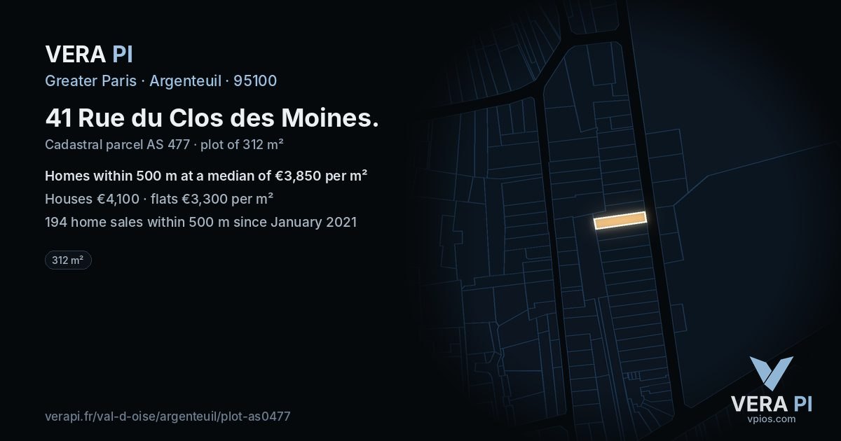 41 Rue du Clos des Moines, Argenteuil at night – the plot lit, the parcels around coloured by the prices near them