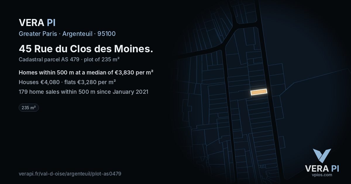45 Rue du Clos des Moines, Argenteuil at night – the plot lit, the parcels around coloured by the prices near them
