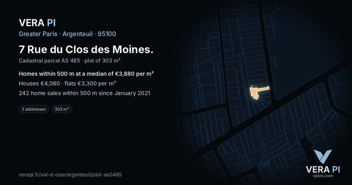 7 Rue du Clos des Moines, Argenteuil at night – the plot lit, the parcels around coloured by the prices near them