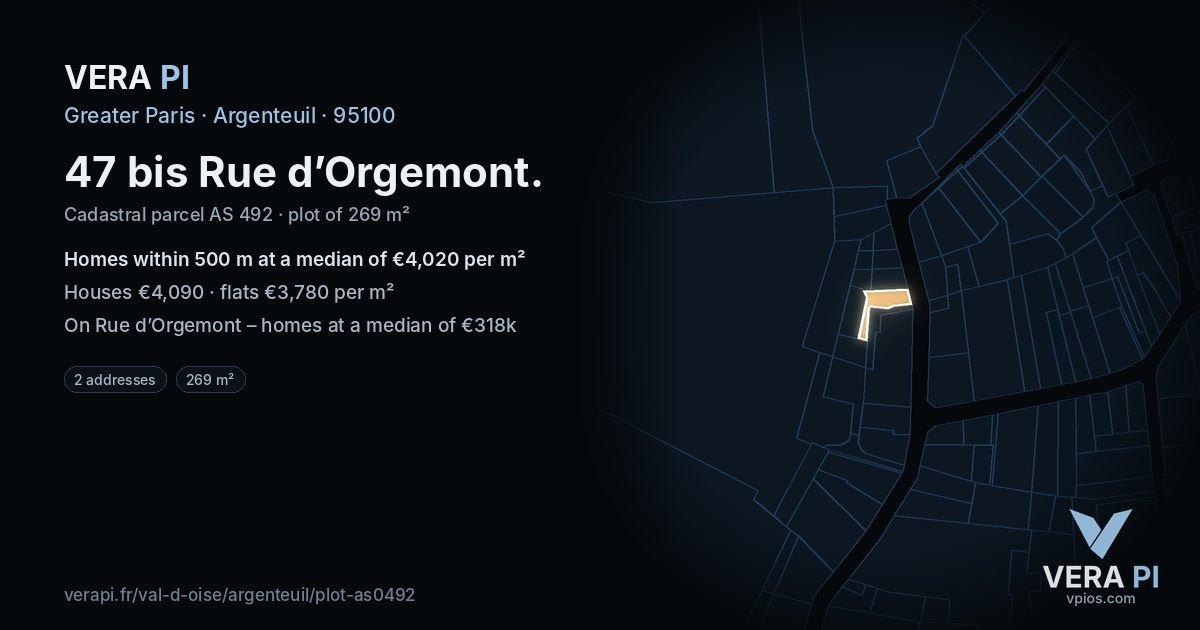 47 bis Rue d’Orgemont, Argenteuil at night – the plot lit, the parcels around coloured by the prices near them