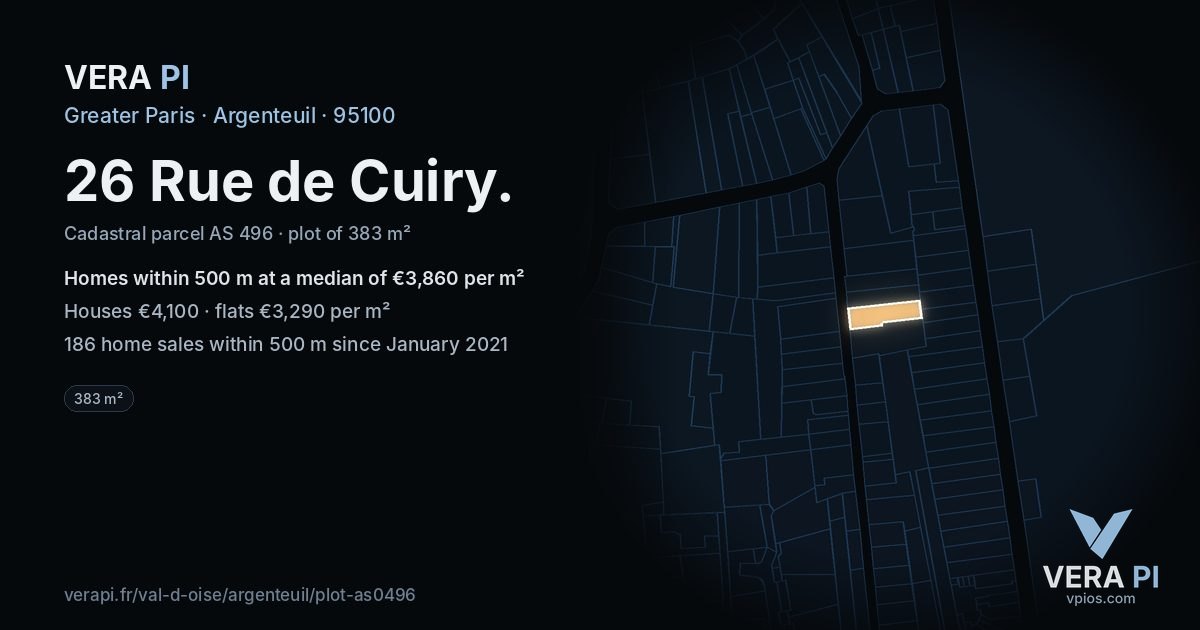 26 Rue de Cuiry, Argenteuil at night – the plot lit, the parcels around coloured by the prices near them
