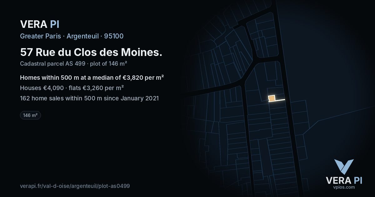 57 Rue du Clos des Moines, Argenteuil at night – the plot lit, the parcels around coloured by the prices near them