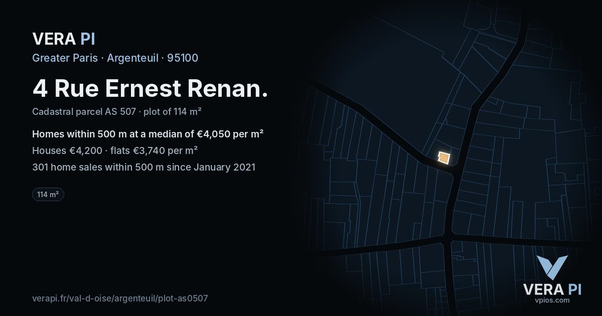 4 Rue Ernest Renan, Argenteuil at night – the plot lit, the parcels around coloured by the prices near them