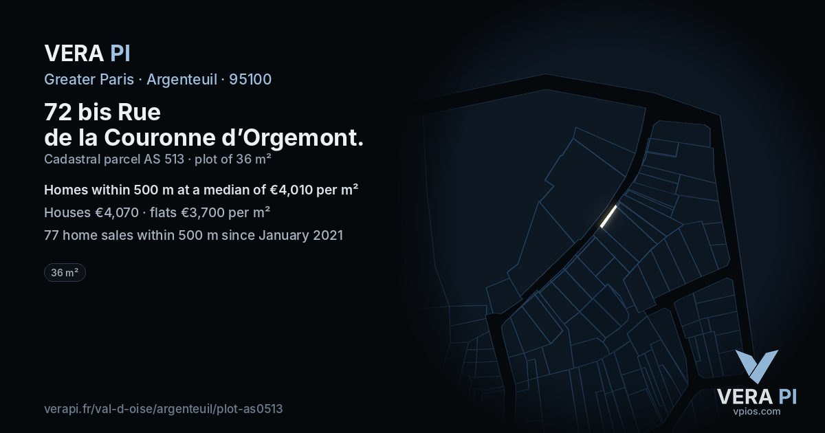 72 bis Rue de la Couronne d’Orgemont, Argenteuil at night – the plot lit, the parcels around coloured by the prices near them