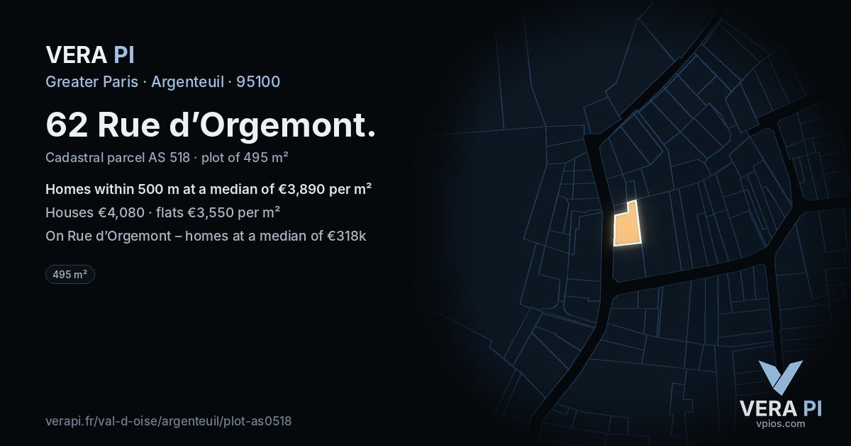 62 Rue d’Orgemont, Argenteuil at night – the plot lit, the parcels around coloured by the prices near them
