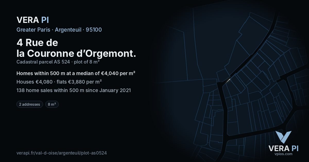 4 Rue de la Couronne d’Orgemont, Argenteuil at night – the plot lit, the parcels around coloured by the prices near them