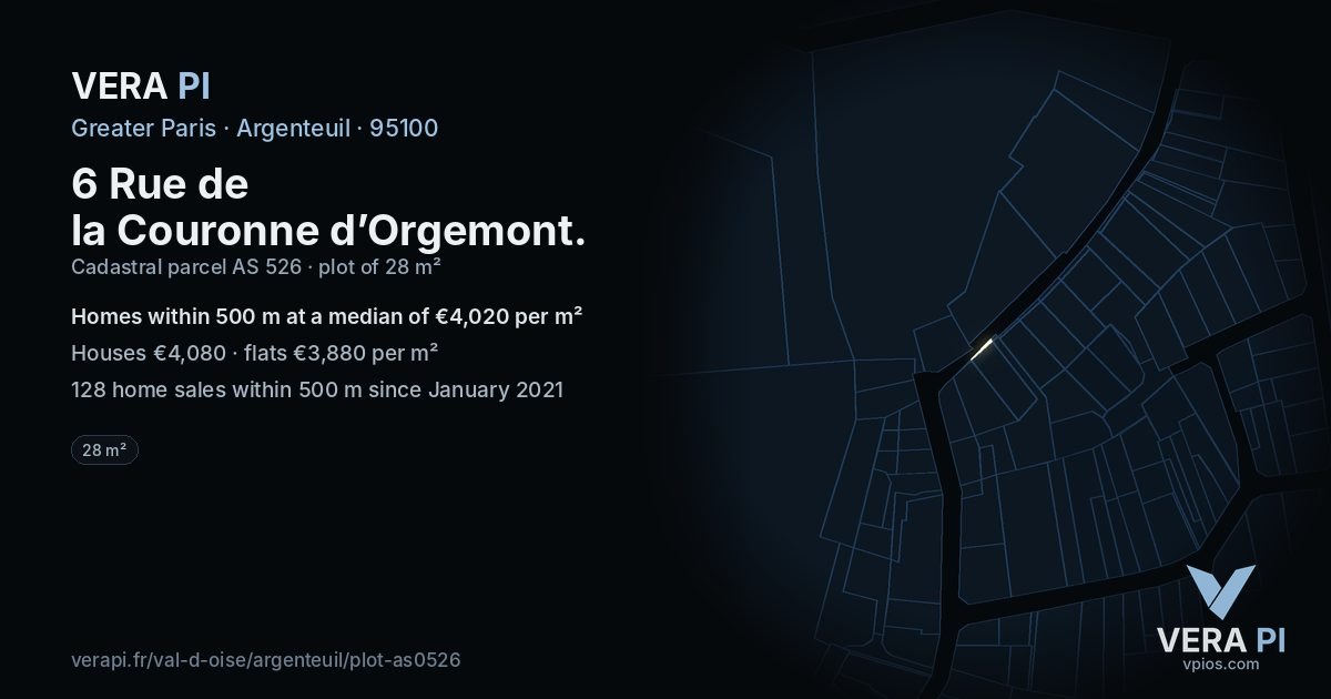 6 Rue de la Couronne d’Orgemont, Argenteuil at night – the plot lit, the parcels around coloured by the prices near them