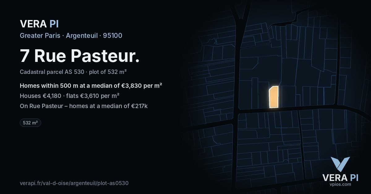 7 Rue Pasteur, Argenteuil at night – the plot lit, the parcels around coloured by the prices near them