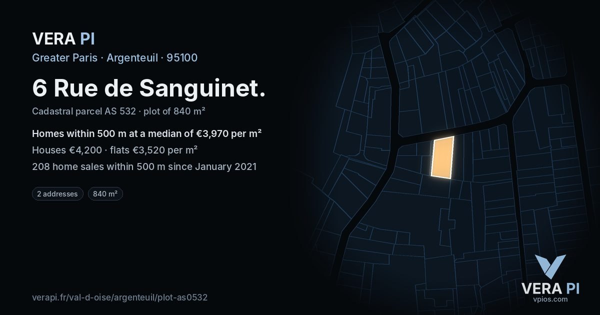 6 Rue de Sanguinet, Argenteuil at night – the plot lit, the parcels around coloured by the prices near them